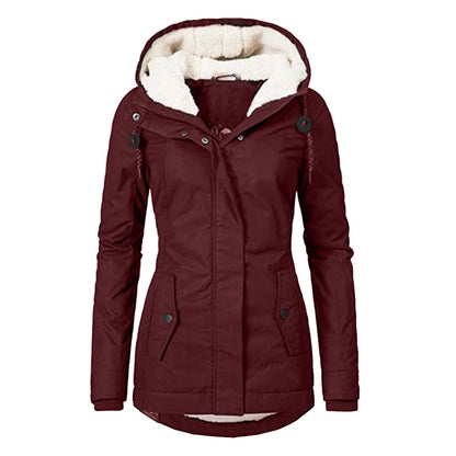 Chaqueta con capucha de vellón acogedor Loom & Soul™ – Abrigo de invierno cálido con cremallera para mujer, con bolsillos y forro de piel sintética