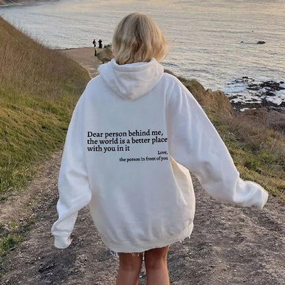 Sudadera con capucha Loom & Soul «Dear Person Behind Me» – Suéter afelpado estampado para mujer con bolsillo canguro y cordón ajustable en la capucha (unisex, varios colores)