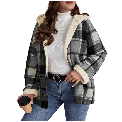 Abrigo de mujer con capucha forrado de forro polar a cuadros – Calidez retro