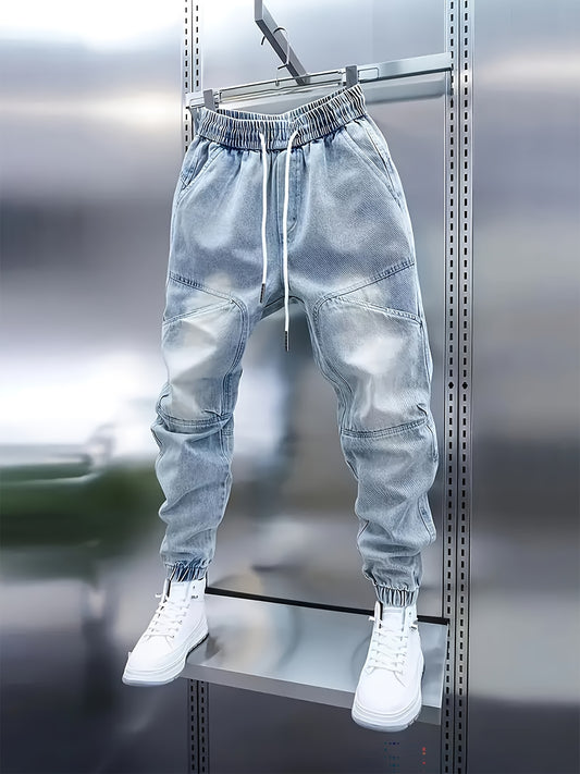 Pantalones vaqueros de chándal de hombre con cordón – Vaqueros patchwork de corte ajustado