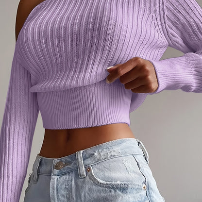 Off-Shoulder Ribbed Sweater – Cropped Long Sleeve Knit Top for Women