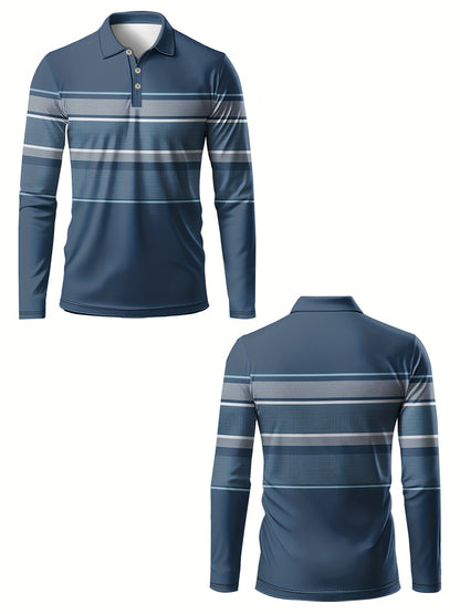 Polo de manga larga a rayas azules y blancas para hombre – Estilo casual y preppy