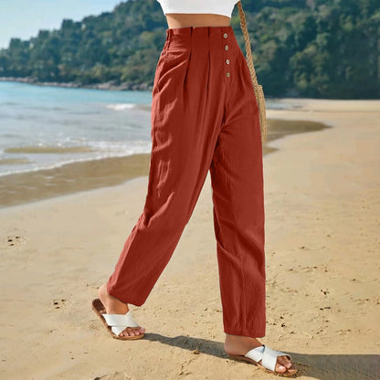 Pantalon décontracté taille haute Loom & Soul pour femme – Pantalon droit en coton et lin pour un confort au quotidien