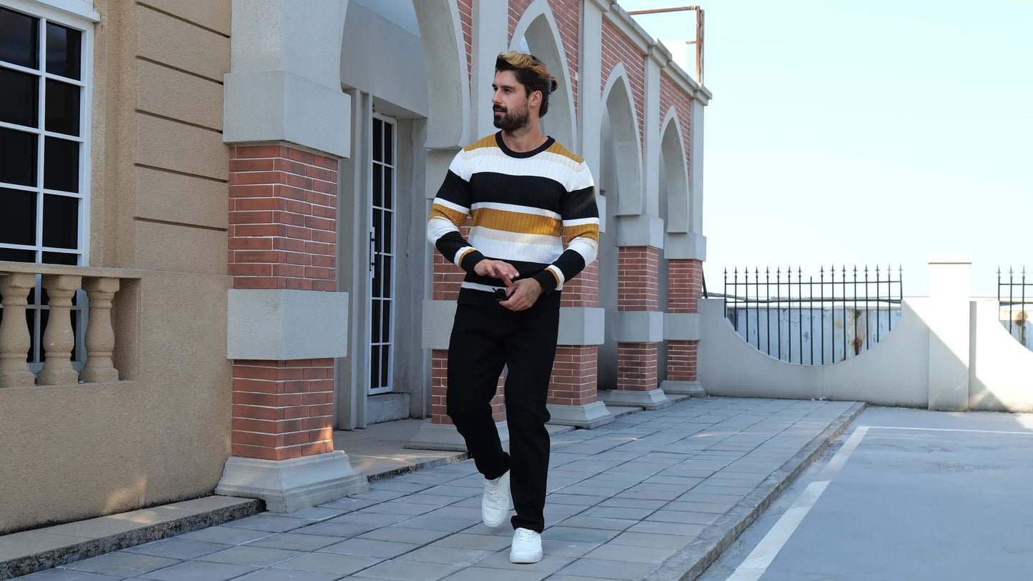 Pull rayé en tricot côtelé pour homme – Pull Color Block Automne Hiver