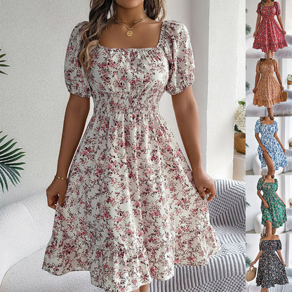 Loom & Soul™ Vestido Floral con Volantes – Vestido de Verano de Manga Corta con Cuello Cuadrado para Mujer