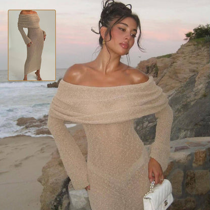One-Shoulder Knit Maxi Dress – Elegant Long Sleeve Beach Dress