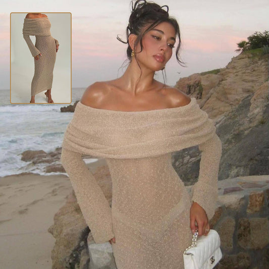 One-Shoulder Knit Maxi Dress – Elegant Long Sleeve Beach Dress