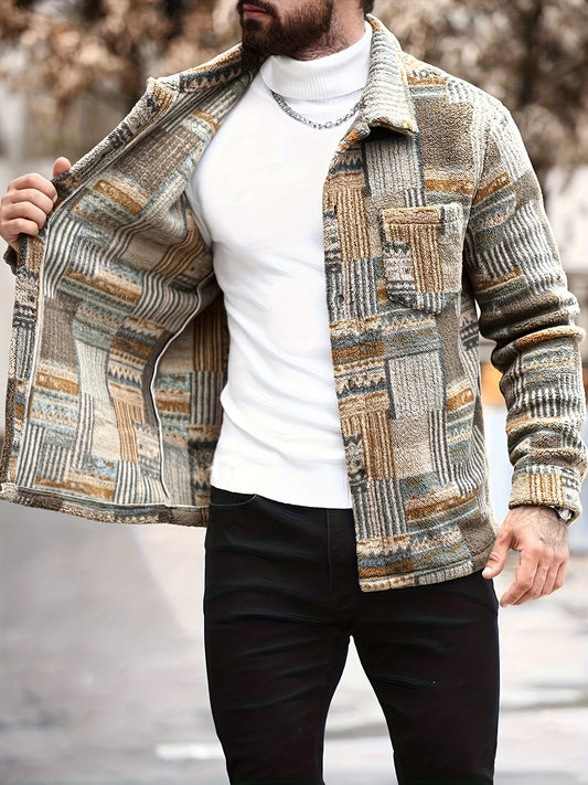 Chaqueta polar geométrica retro para hombre – Camisa chaqueta abotonada vintage