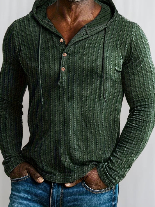 Men’s Hooded Henley Shirt – Textured Casual Drawstring Long Sleeve Hoodie