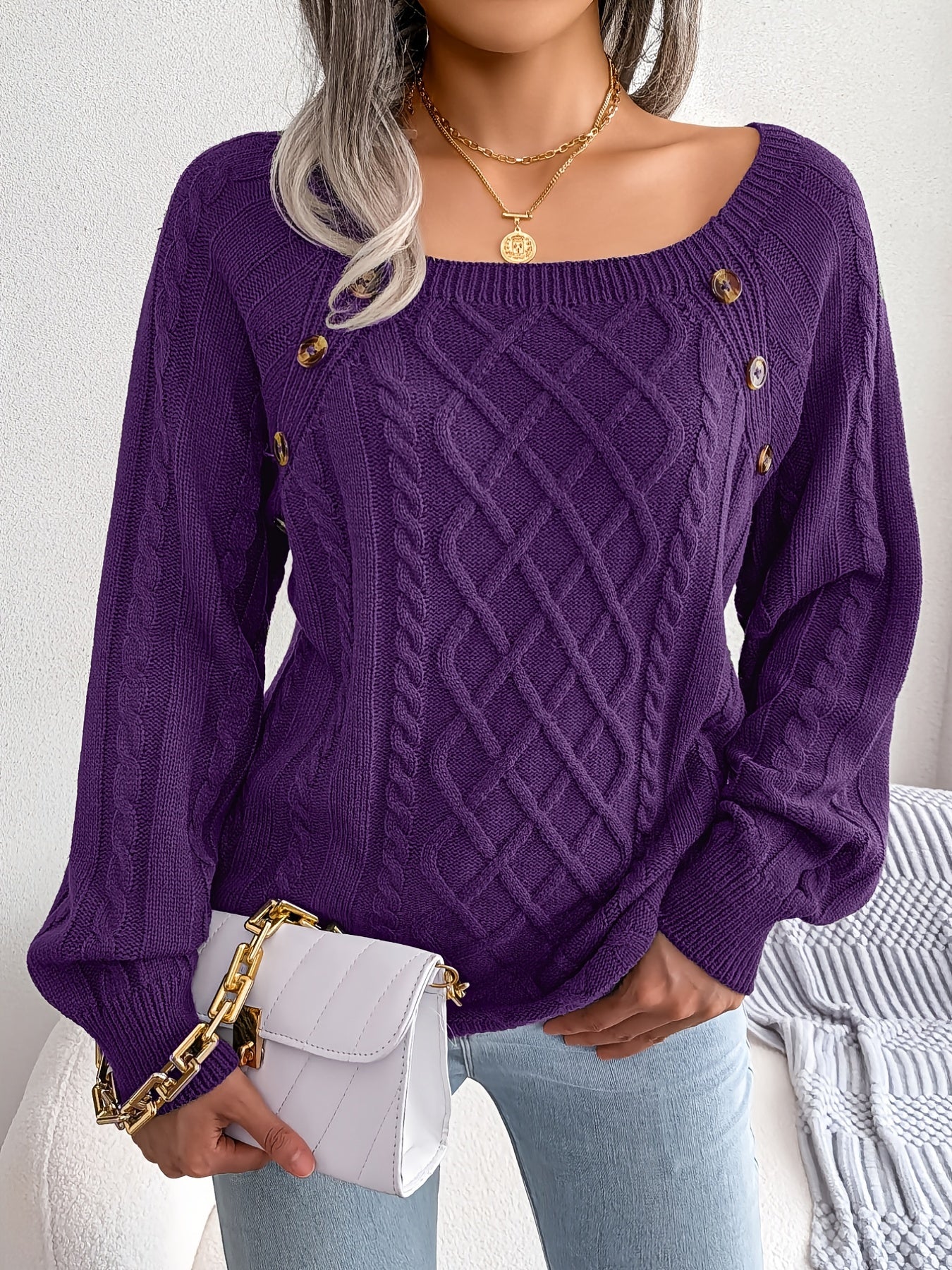 Jersey texturizado de mujer con manga farol – Top de punto con detalles de botones