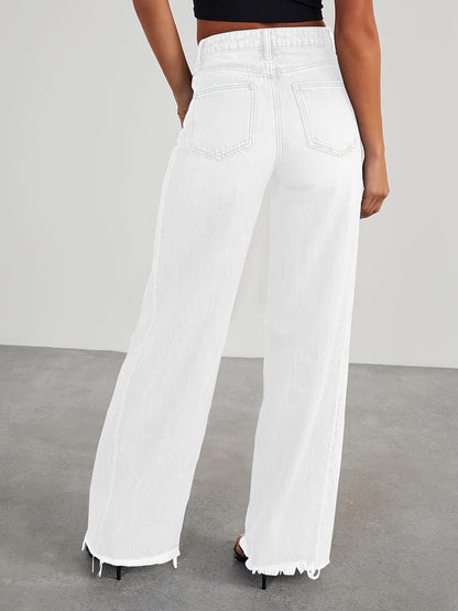 Pantalones vaqueros de mujer de talle alto y pernera ancha – Vaqueros elásticos informales holgados