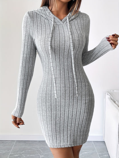 Vestido bodycon acanalado con capucha para mujer – Lazo ajustable, manga larga, corte lápiz