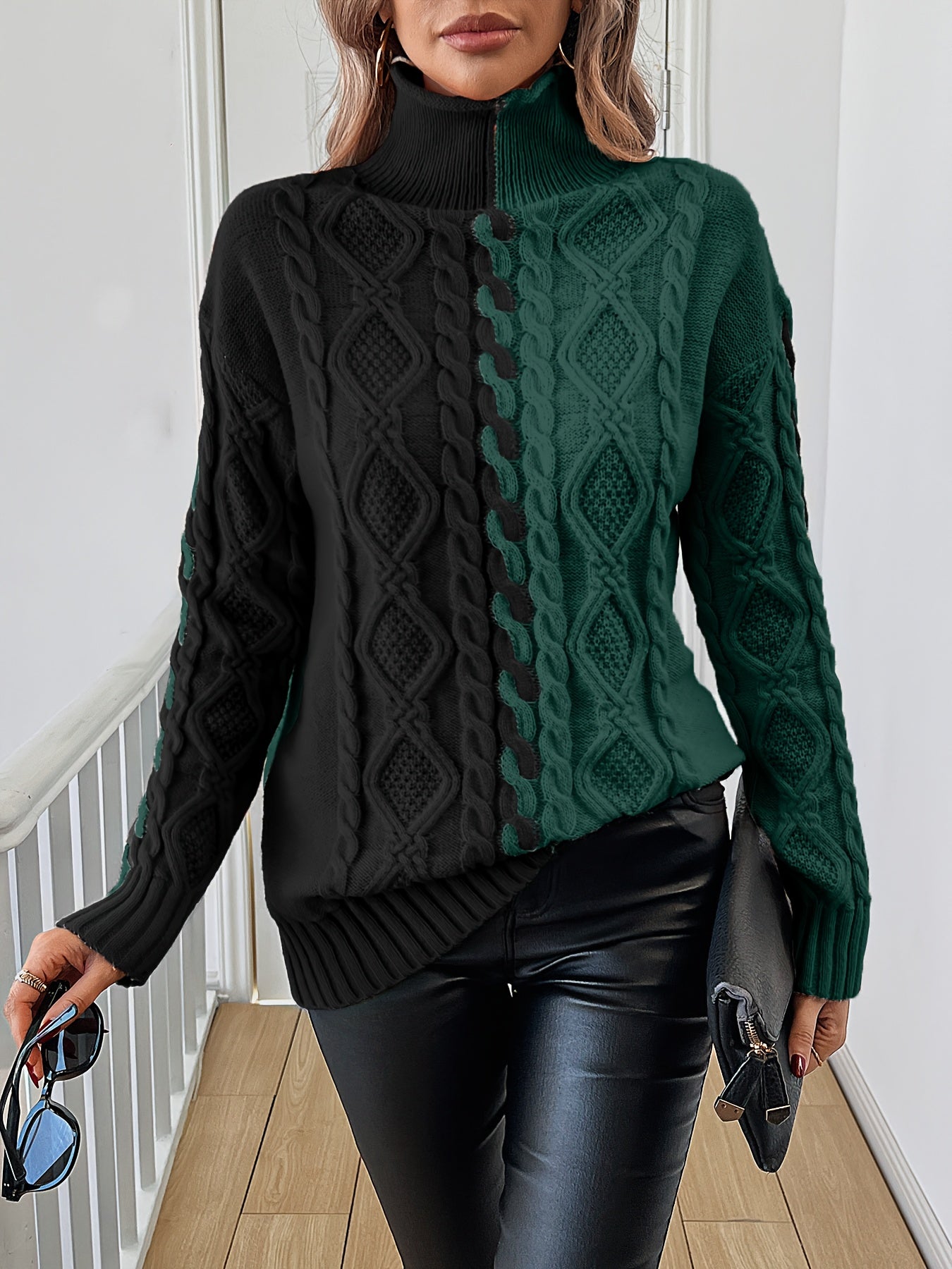 Blusa Elegante de Rayas con Cuello Alto – Top de Manga Larga de Punto Color Block