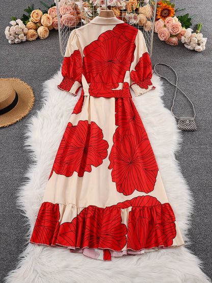 Floral Tie-Waist Maxi Shirt Dress – Elegant Long Sleeve A-Line Dress