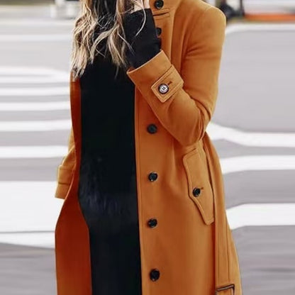 Abrigo de lana con cuello levantado Loom & Soul™ – Cárdigan de invierno ajustado para mujer con diseño de botonadura simple