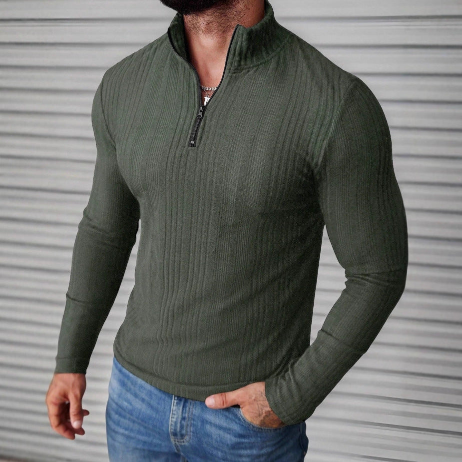 Sudadera con capucha de punto acanalado para hombre con cuello alto – Sudadera gruesa ajustada