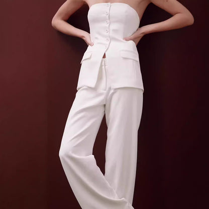 Loom & Soul™ Elegante conjunto de tubo – Top sin mangas con botones y pantalón recto para mujer