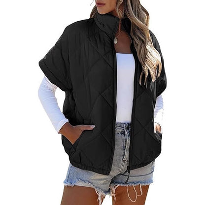 Women’s Diamond Quilted Zip Jacket – Casual Warm Pocket Coat