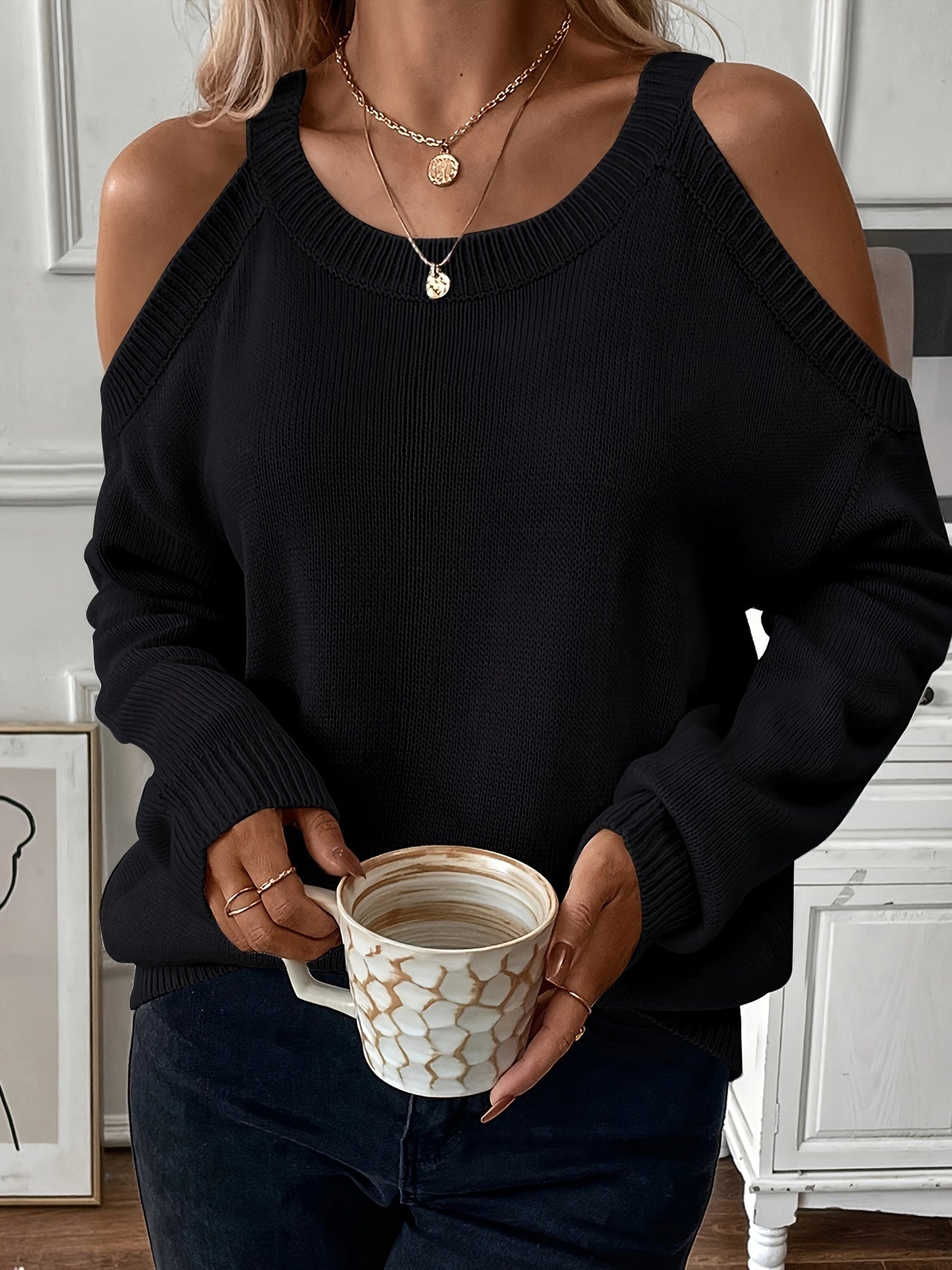 Suéter de punto suave para otoño/invierno con cuello redondo elegante para mujer