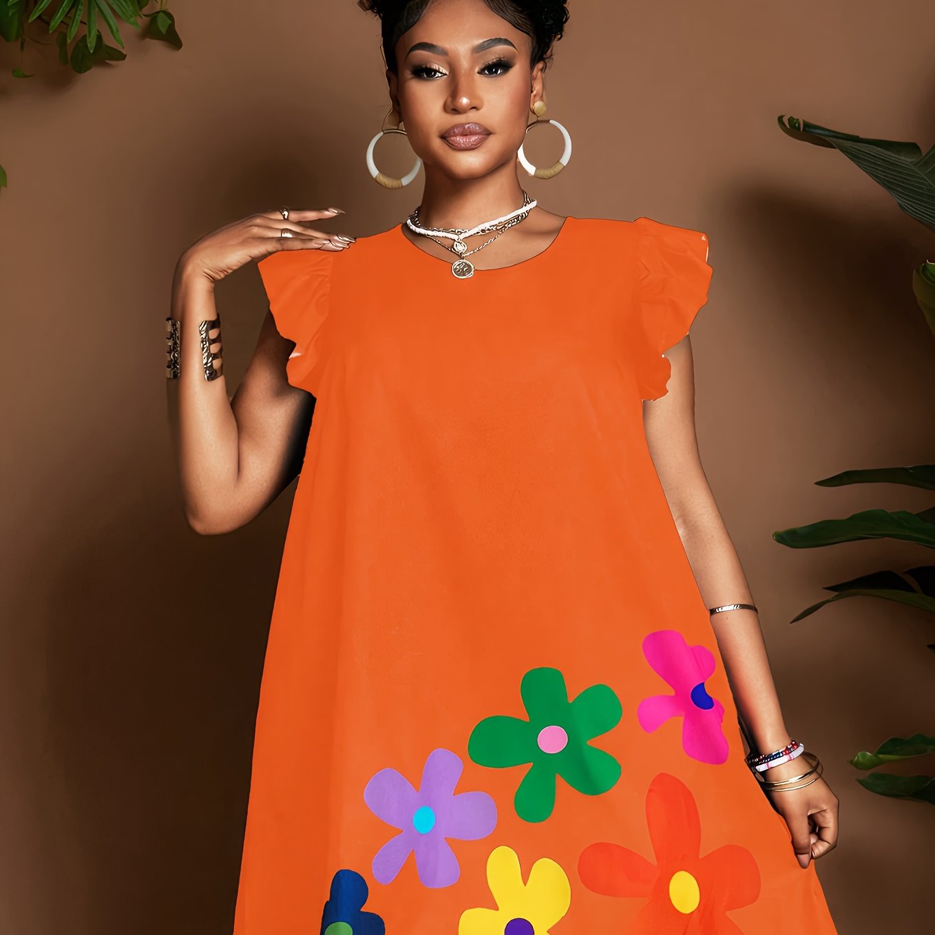 Vestido de verano con volantes en las mangas y estampado floral – Elegante vestido de verano hasta la rodilla