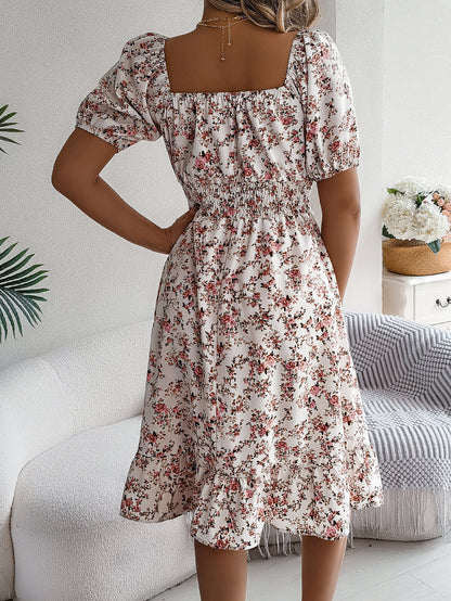 Loom & Soul™ Vestido Floral con Volantes – Vestido de Verano de Manga Corta con Cuello Cuadrado para Mujer