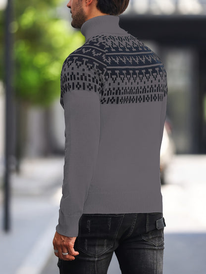 Men’s Geometric Turtleneck Sweater – Casual Knit Pullover for Fall & Winter