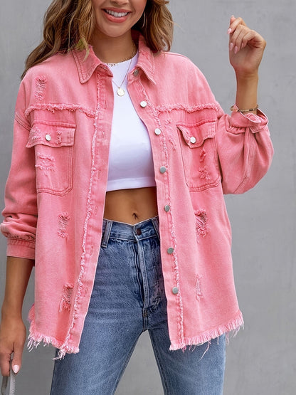 Chaqueta camisera rasgada Loom & Soul para mujer – Top casual de ajuste holgado con botones para primavera y otoño