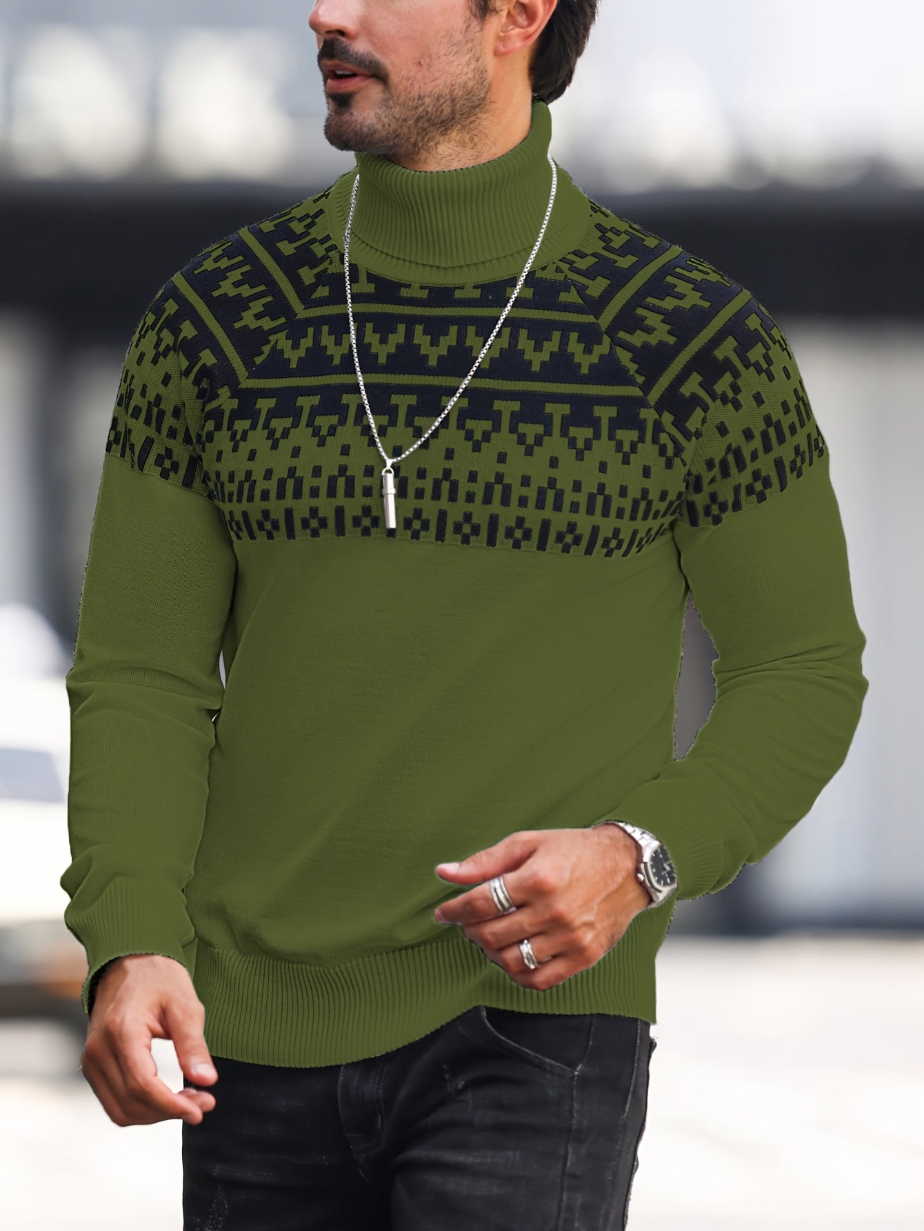 Men’s Geometric Turtleneck Sweater – Casual Knit Pullover for Fall & Winter