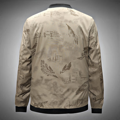 Men’s Feather Print Track Jacket – Zip-Up Baseball Collar Street Coat