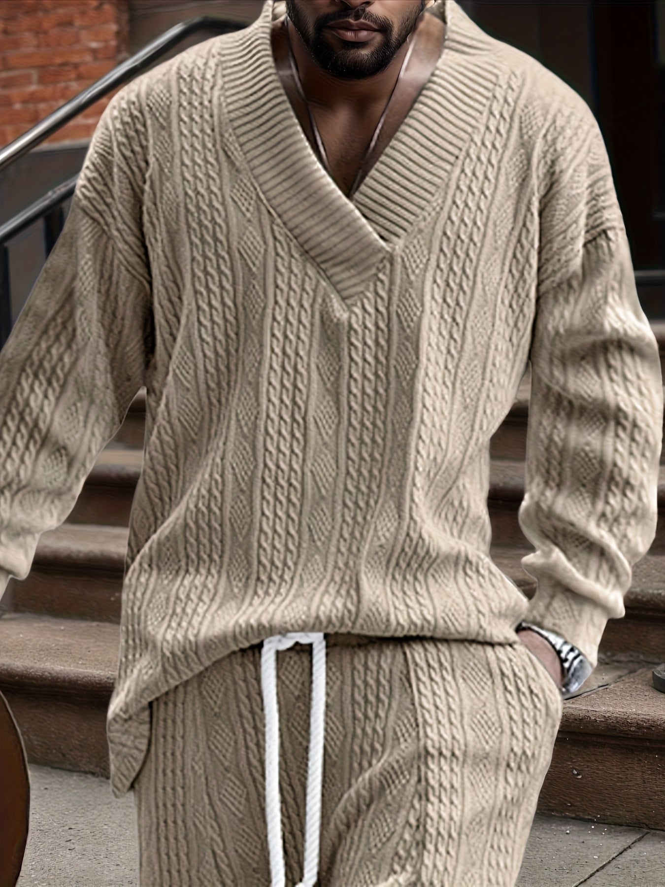 Suéter de punto con cuello en V para hombre – Jersey casual de jacquard acanalado