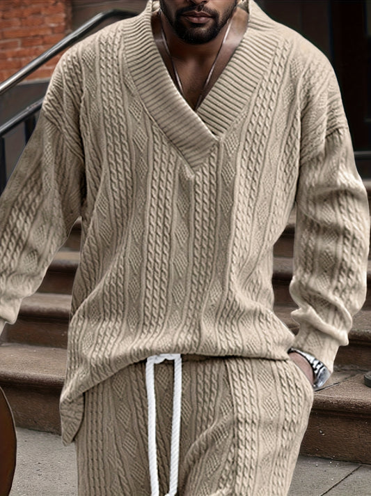 Suéter de punto con cuello en V para hombre – Jersey casual de jacquard acanalado