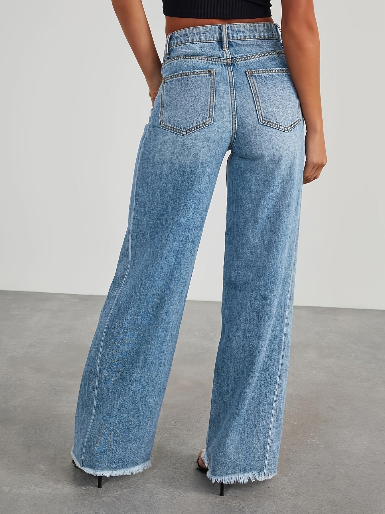 Pantalones vaqueros de mujer de talle alto y pernera ancha – Vaqueros elásticos informales holgados