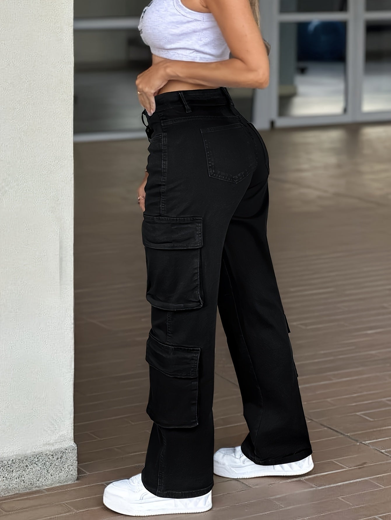 Vaqueros cargo de cintura alta para mujer – Pantalones de mezclilla de trabajo con múltiples bolsillos