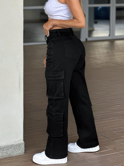 Vaqueros cargo de cintura alta para mujer – Pantalones de mezclilla de trabajo con múltiples bolsillos