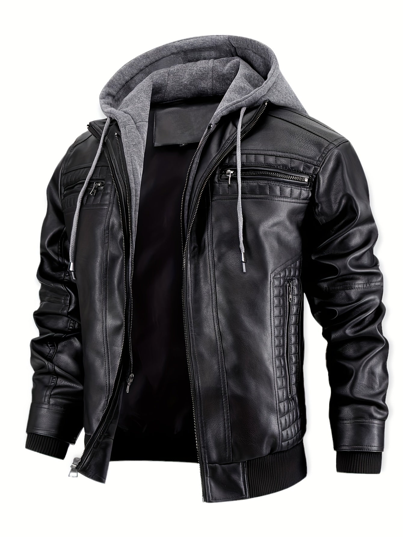 Chaqueta Bomber de Cuero Sintético para Hombre – Con Cremallera y Capucha Removible