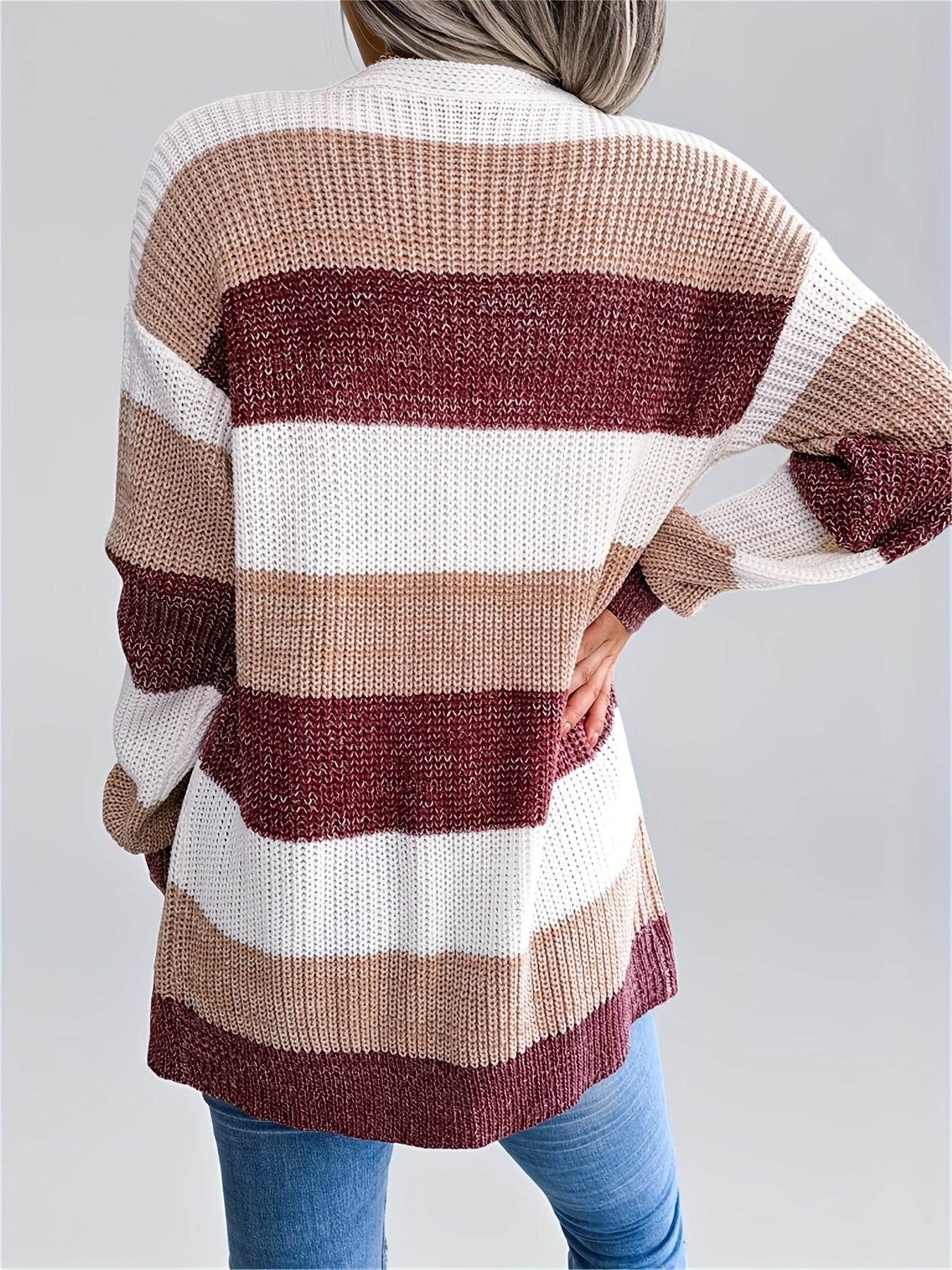 Women’s Color block Striped Cardigan – Puff Sleeve Winter Knit Sweater