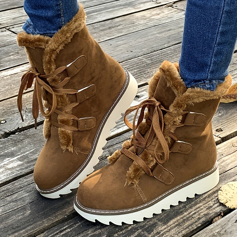 Bottes d'hiver élégantes à lacets pour femme – Chaussures chaudes mi-mollet en fausse fourrure pelucheuse