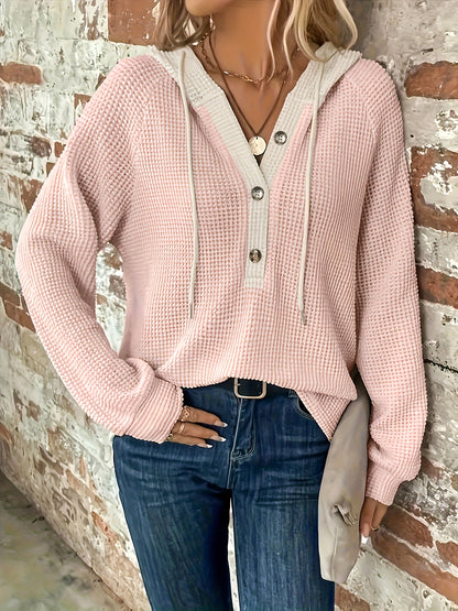 Sudadera informal con capucha y cordón con botones y bloques de color para mujer