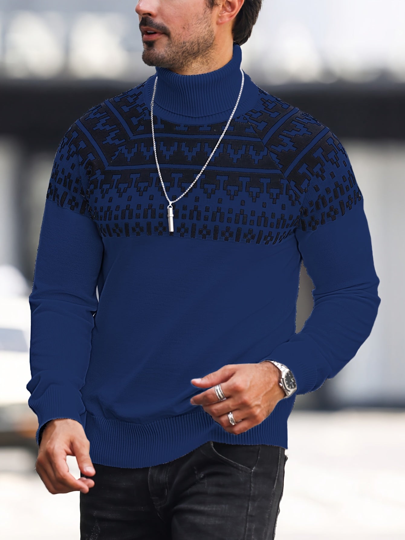 Men’s Geometric Turtleneck Sweater – Casual Knit Pullover for Fall & Winter