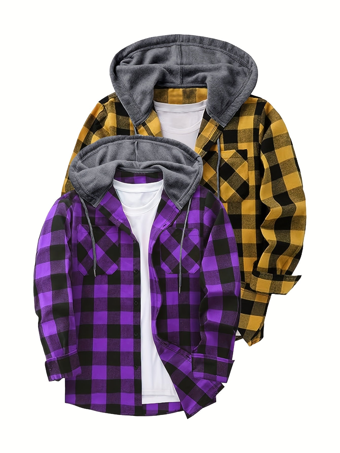 Camisas a cuadros con capucha para hombre, 2 piezas – Conjunto de chaqueta tipo suéter con botones