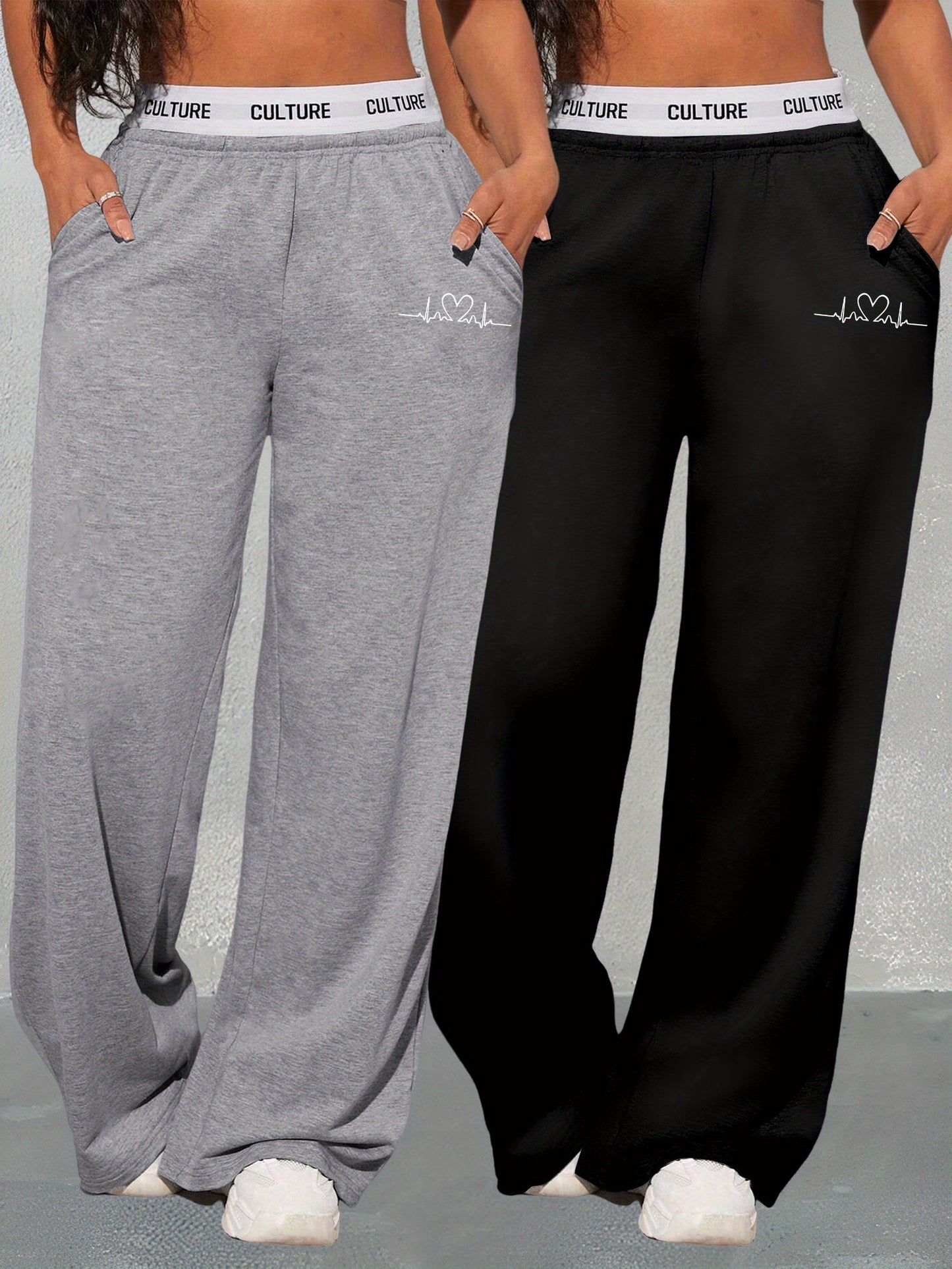 Conjunto de dos piezas con estampado geométrico de amor para mujer – Pantalones de cintura alta y pierna ancha