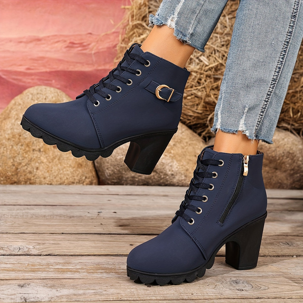Women’s High Heel Ankle Boots – Block Heel Elegant Slip-On