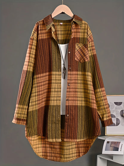 Women’s Vintage Plaid Shirt – Loose Button-Up All-Season Top