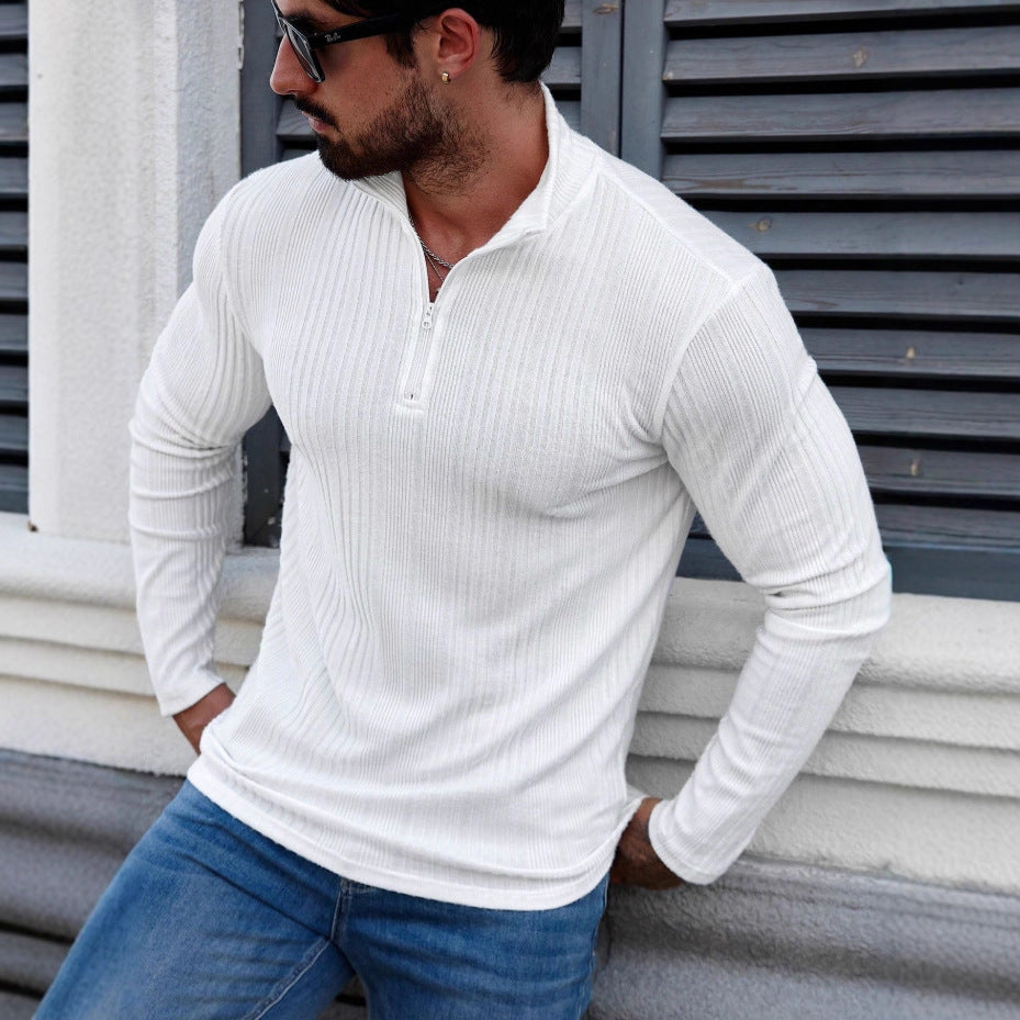 Sudadera con capucha de punto acanalado para hombre con cuello alto – Sudadera gruesa ajustada