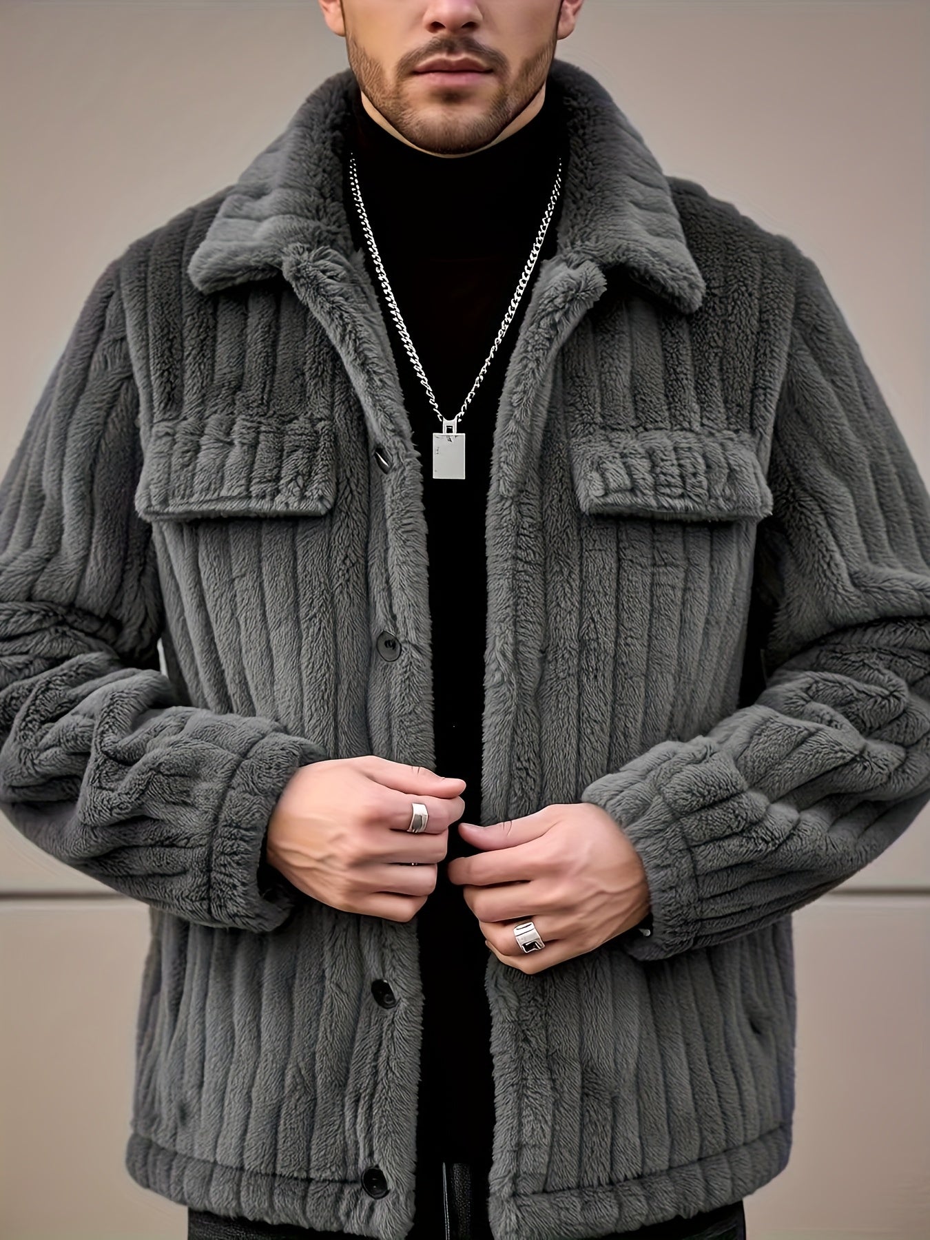 Chaqueta de Franela con Botones para Hombre – Abrigo Casual de Solapa para Invierno