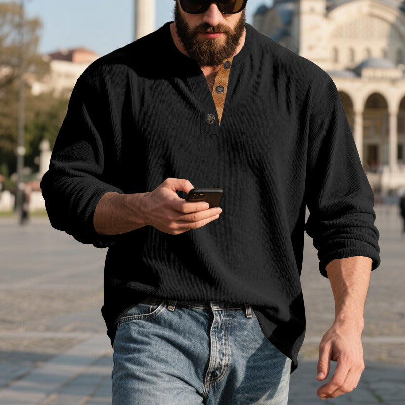 Camisa Henley de pana retro para hombre – Manga larga ajuste holgado