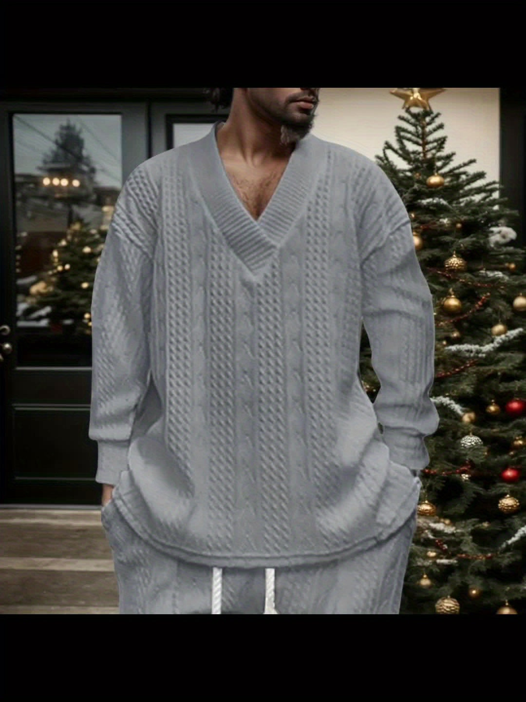 Suéter de punto con cuello en V para hombre – Jersey casual de jacquard acanalado