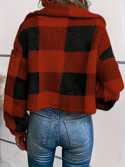 Abrigo de cuadros de borreguito para mujer – Abrigo de invierno cálido de manga larga con botones