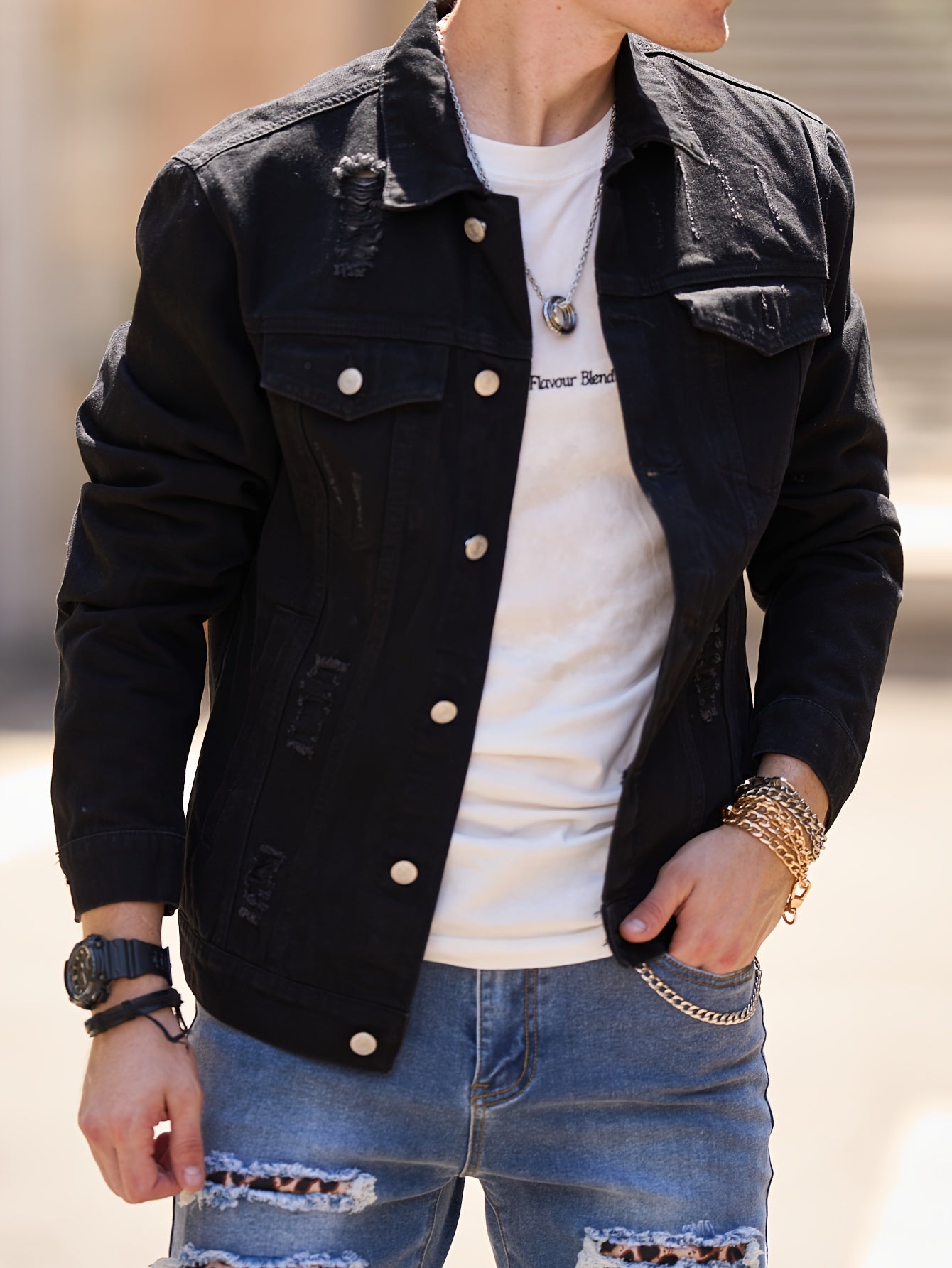 Chaqueta de mezclilla negra de corte ajustado para hombre – Estilo Moto con bolsillos