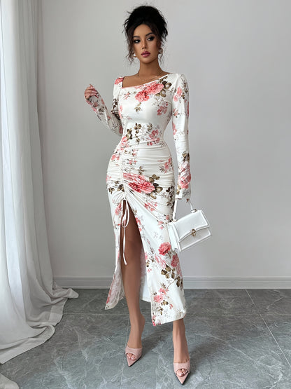 Asymmetrical Floral Bodycon Dress – Long Sleeve Ruffle Slit Dress